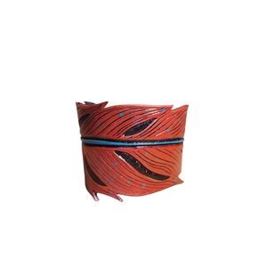 Handcrafted Metallic Red Leather Feather Cuff Bracelet with Turquoise Accent